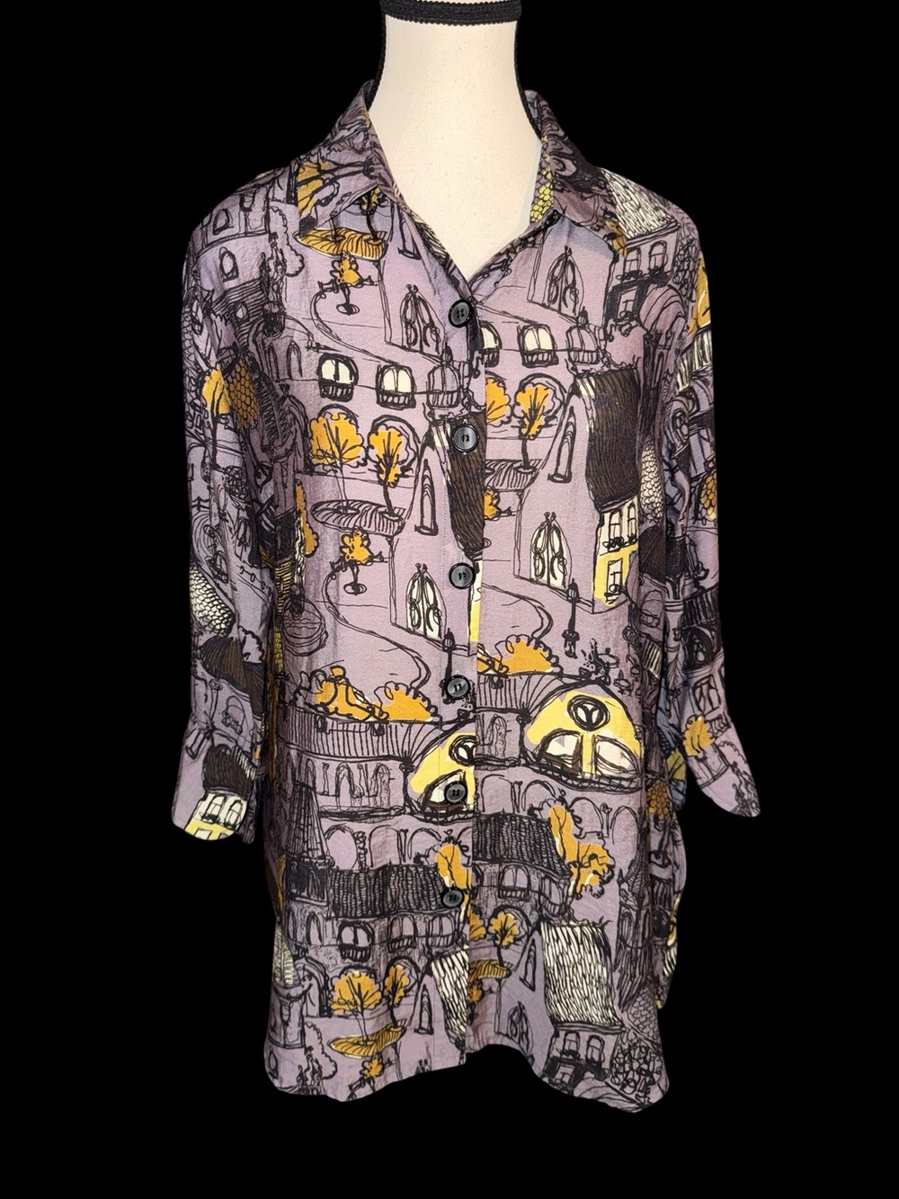 Shana Women L Artsy Cityscape Tunic Top Button Front 3/4 Sleeve Lagenlook